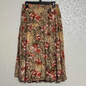 Alfred Dunner‎ Brown Animal Red Floral Tiered Midi Skirt Elastic Waist Lined 12
